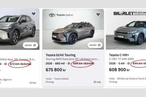 Toyota oppgir feil rekkevidde i Sverige – opptil 180 kilometer for høyt